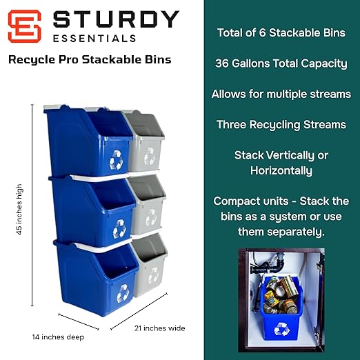 Multi Recycling System with Three Stackable 5 Gallon Bins to Build Your Recycling Center for Offices, Homes, Garages, Businesses - (6 Pack, Blue/Grey)-DeskLoop Office