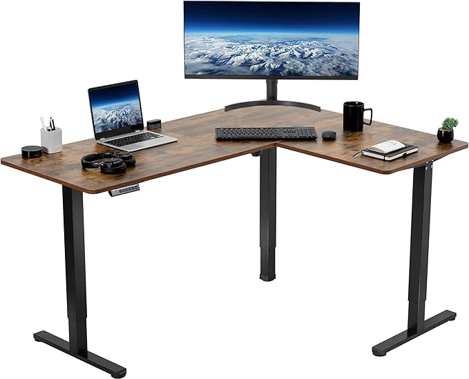 VIVO Electric Corner L-Shaped 63 x 47 in Rustic Standing Desk, Memory Height Adjustment, Vintage Brown Top Black Frame, DESK-E3CTN-47-DeskLoop Office