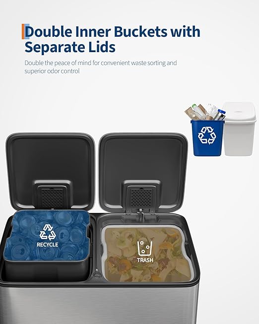 GarveeHome 2 x 10.6 Gallon Stainless Steel Double Trash Can with Lid for Kitchen, Large Dual Trash and Recycle Bin Combo, Step-on Kitchen Metal Garbage Cans, PP Inner Buckets, Liner Rim, Silver-DeskLoop Office