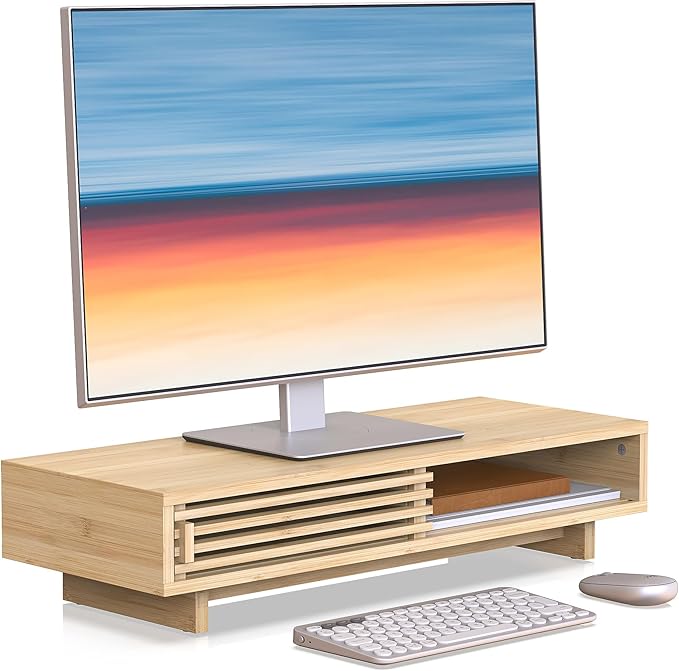 Monitor Stand Riser with Sliding Door, Computer Laptop Stand Desk Shelf Organizer with Storage (Natural Bamboo, 25 Inch)-DeskLoop Office