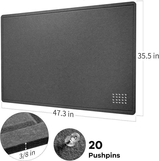 Large Bulletin Board - 48 x 36 Inches, Decorative Felt Pin Board for Wall - 4' x 3' Foldable Photo Display Board with Self-Adhesive Tape, Includes 20 Push Pins - Dark Gray-DeskLoop Office