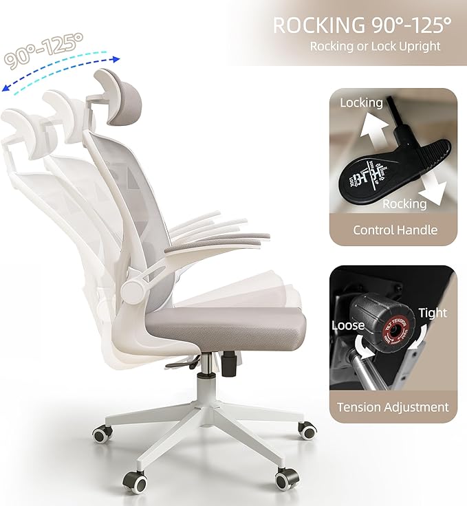 Ergonomic Office Chair, High-Back Mesh Computer Desk Chair with Adjustable Height, Lumbar Support, Flip-Up Armrests,headrest,and Swivel Rolling Design for Home and Office Use
