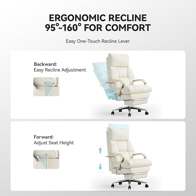 Reclining Office Chair with Footrest - 25.6" Wide Seat & Adjustable Seat Depth, Big and Tall High Back Leather Executive Home Office Desk Chair 400lbs, Cream-DeskLoop Office