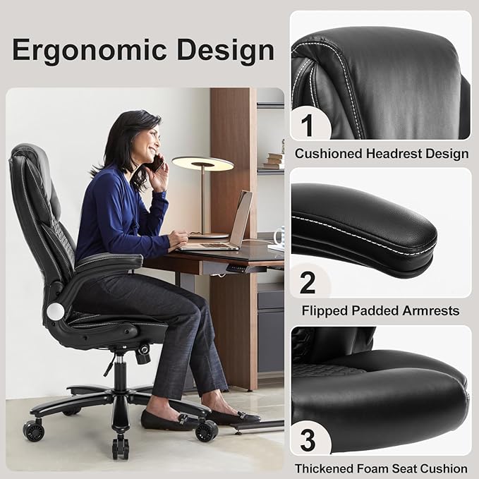 Home Office Chair, Executive Comeputer Desk Chair Ergonomic Office Chair with Adjustable Lumbar Support, Tilt Lock, PU Leather, Swivel Rolling Chair for Gaming Adult Working Study-Black-DeskLoop Office