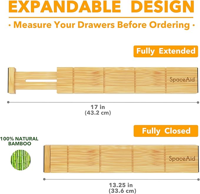 SpaceAid Bamboo Drawer Dividers with Inserts and Labels, Kitchen Adjustable Drawer Organizers, Expandable Organization for Home, Office, Dressers and Bathroom, 6 Dividers with 12 Inserts (13.25-17 in)-DeskLoop Office