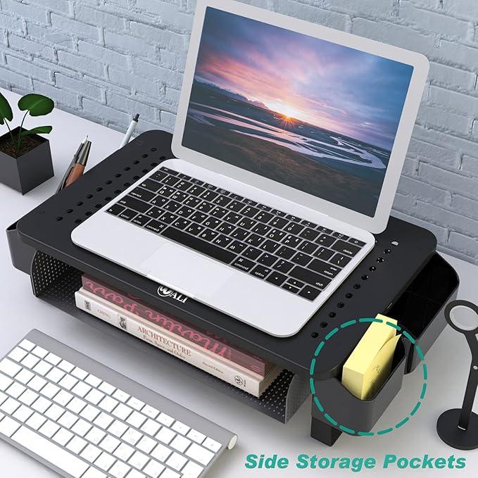 WALI Monitor Stand with Storage, Monitor Riser with Ventilation Drawer and Side Storage, Laptop Stand Riser for Desk, Printer Stands, (STT007), Black-DeskLoop Office