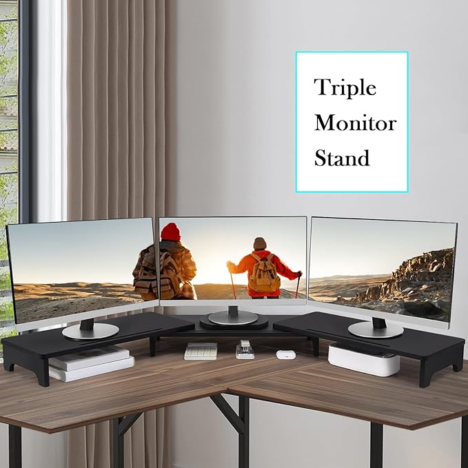 Nnewvante Monitor Stand Riser, Upgrade Height Large TV Riser, 60 inch Large Bamboo Dual Monitor Stand for Desk, 3 Shelves Desktop Screen Riser with Adjustable Length Angle for Computer Laptop Black-DeskLoop Office