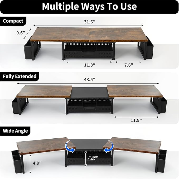 Desk Dual Monitor Stand Riser - Desk Organizer with Drawer and Pen Holders, Office Desk Accessories & Workspace Organization, Computer Monitor Stand for Laptop, Printer, TV, Office Decor, Wood-DeskLoop Office
