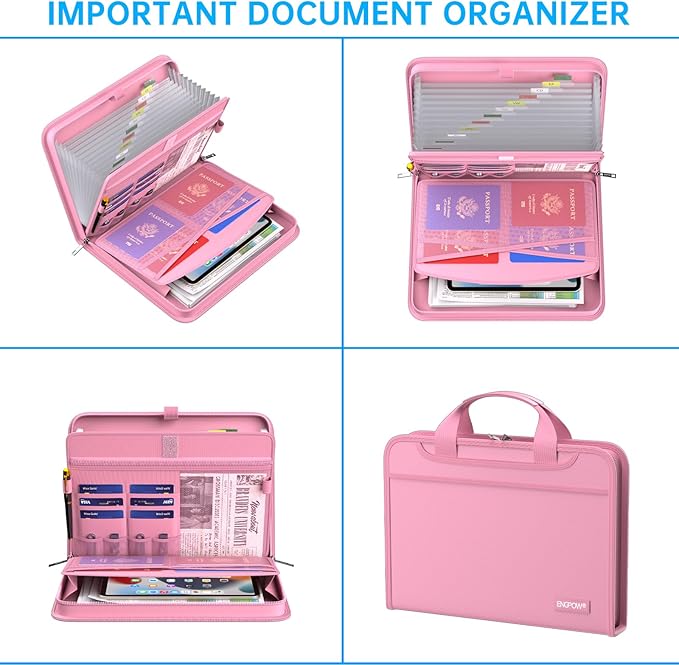 ENGPOW Accordion File Organizer,Fireproof Expanding File Folder with Multi Pockets,13 Pockets Document Organizer with Handle & Labels,Portable Home Travel Safe Storage Folder for Letter A4 Files,Pink-DeskLoop Office