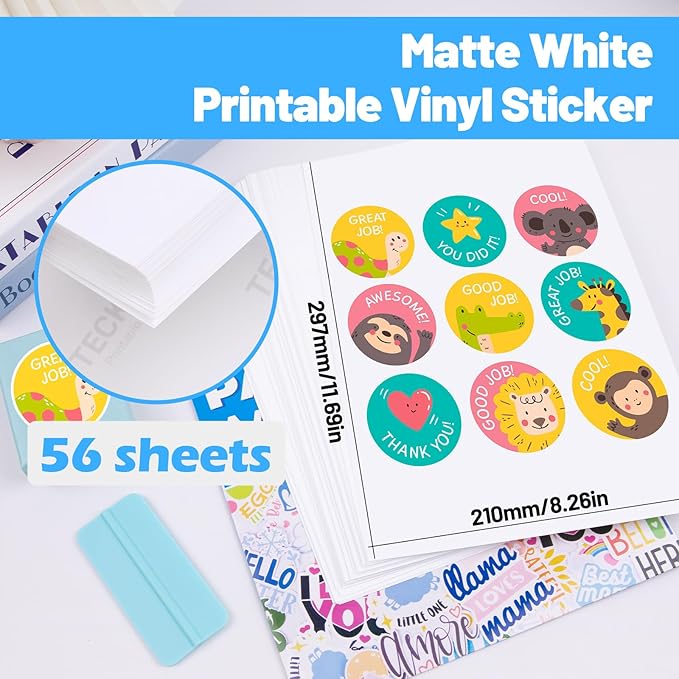 TECKWRAP Printable Vinyl Sticker Paper for Inkjet Printer, Matte Inkjet Printable Vinyl, 8.26" x 11.69" A4 56 Sheets/Pack Photo Paper for Craft Scrap-Booking, Stickers, Labels-DeskLoop Office