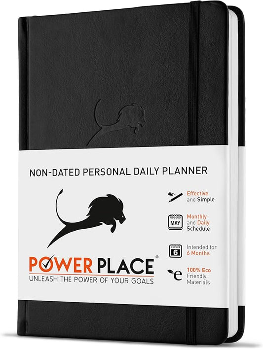 Daily Planner, Calendar & Life Organizer to Improve Time-Management, Productivity & Happiness | Vegan Leather Hardcover Notebook with Blank Dates, Undated 6 Months Hourly Planner for Men & Women, 24 Hour Agenda (Black)-DeskLoop Office