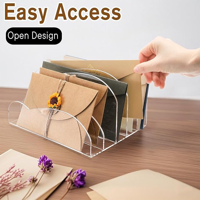 Suwimut Acrylic File Holder 5 Sections, 8.5 x 6.8 x 4.7 Inch Upright File Organizer for Desk, Clear Desktop Folder Holder Mail Letter Sorter for Home Office School Envelope Bill Filling Paper Document-DeskLoop Office