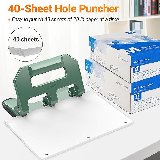 3 Hole Punch Heavy Duty, AFMAT 3 Hole Puncher for Binder, 10000+ Punching Times, 40-Sheet Three Hole Punch, Metal Hole Puncher 3 Ring, 50% Reduced Effort, Bulit-in S.S. Paper Guide, Green-DeskLoop Office
