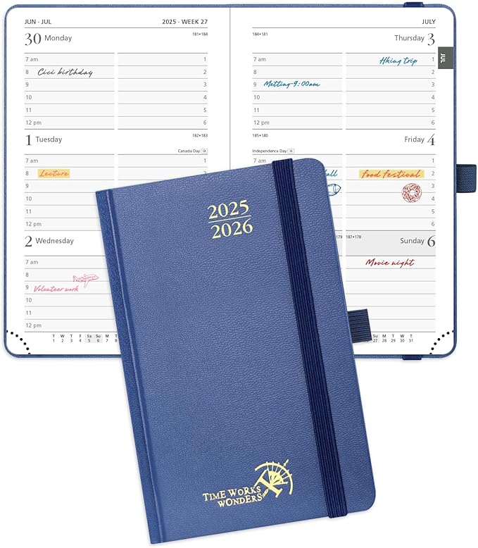 POPRUN Pocket Planner 2025-2026, (Purse Size 4''x 6.25'' Hard Cover) Academic Year Calendar Daily Weekly and Monthly (July 25-June 26) with Hourly Time Slots, 100 GSM Paper - Navy Blue-DeskLoop Office