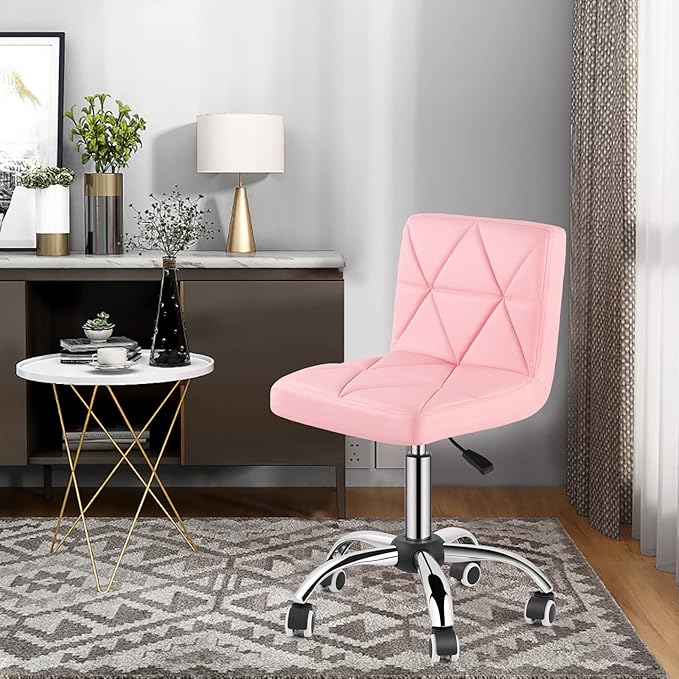 COSVALVE Armless Desk Chair, Mid Back Swivel Office Chair, Adjustable Task Chair with Rolling Wheels and Diamond Pattern, for Home Computer Barber, Pink-DeskLoop Office