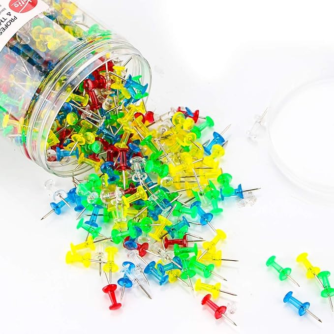 Yalis Push Pins 600 Count Clear Multicolored, Standard Thumb Tacks Steel Point and Clear Multi-Colors Plastic Head-DeskLoop Office