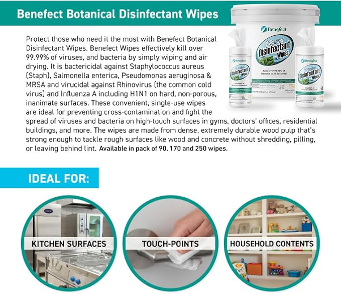 Benefect Botanical Disinfectant Wipes – 750 Sanitizing Wipes. 3 Pack of 250 Wipes Per Unit - High Traffic - Gym Wipes, Schools and Food Safe Cleaning (250, 3)-DeskLoop Office