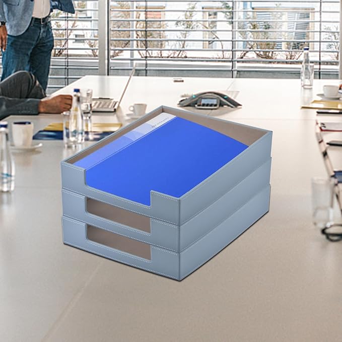 Leather Letter Tray,Stackable File Document Tray,Desk Organizer for Office Supplies,A4 Paper Case Rack,Desktop Organization,Pen Mail Magazine Storage Box (Grey)-DeskLoop Office