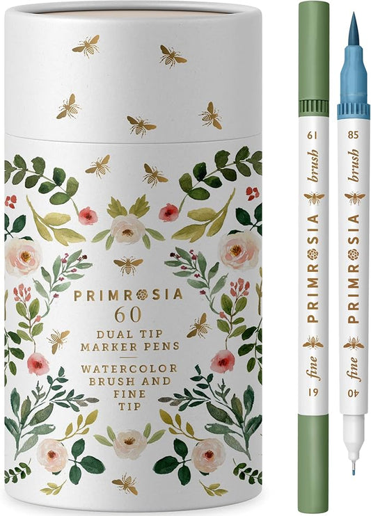 Primrosia 60 Dual Tip Marker Pens, Fineliner and Watercolor Brush Pens for Art Sketching Illustration Calligraphy Permanent Highlighter Bullet Journal Drawing Coloring-DeskLoop Office