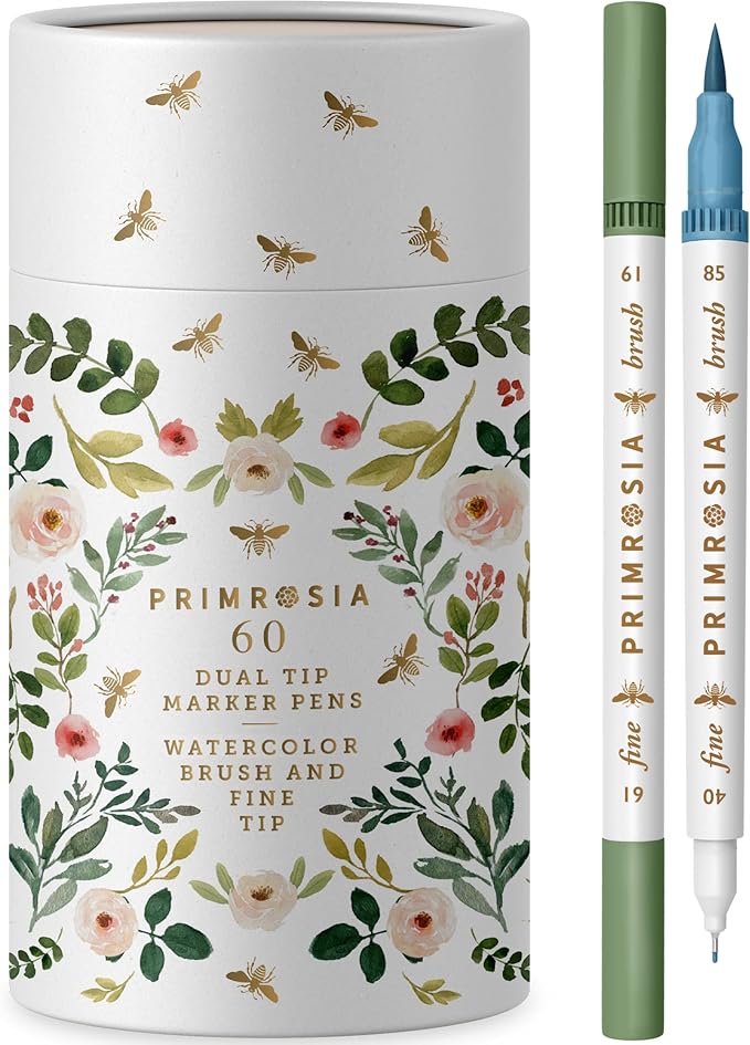 Primrosia 60 Dual Tip Marker Pens, Fineliner and Watercolor Brush Pens for Art Sketching Illustration Calligraphy Permanent Highlighter Bullet Journal Drawing Coloring-DeskLoop Office