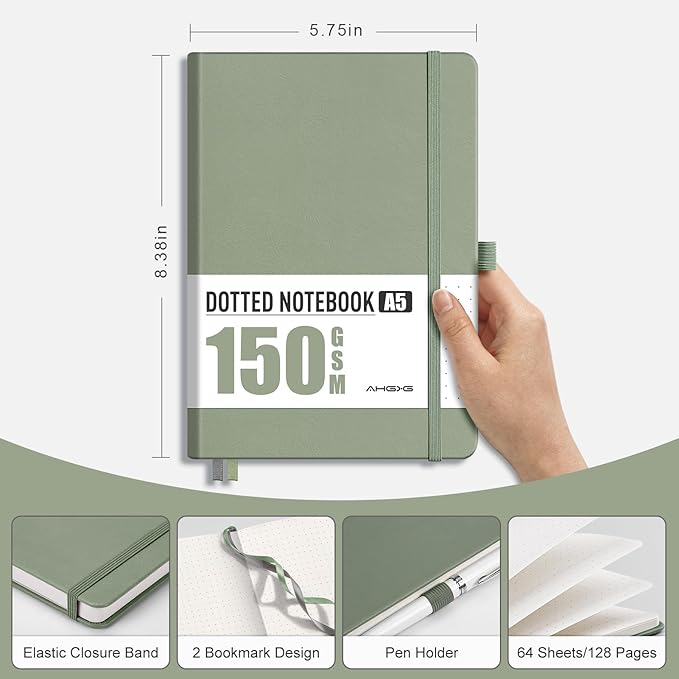 AHGXG Bullet Dotted Journal - 150 GSM Dot Grid Notebook Journal, Thick Acid-Free Paper, A5 Dotted Notebook 128 Pages, Leather Hardcover, Inner Pocket, Journal Stencil, 5.7'' × 8.3'' - Sage Green-DeskLoop Office