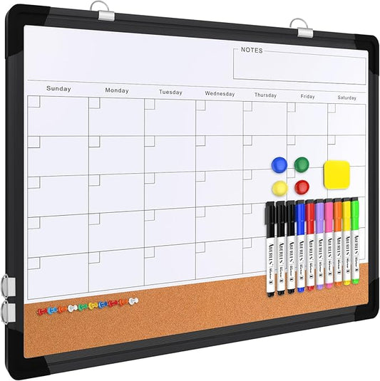 Monthly Calendar Whiteboard, 24"x18" Dry Erase Cork Board Combination for Wall, Magnetic Dry Erase Board, Double-Sided White Board, Portable Board for Office, Kitchen, Planning, Memo, School, Home-DeskLoop Office