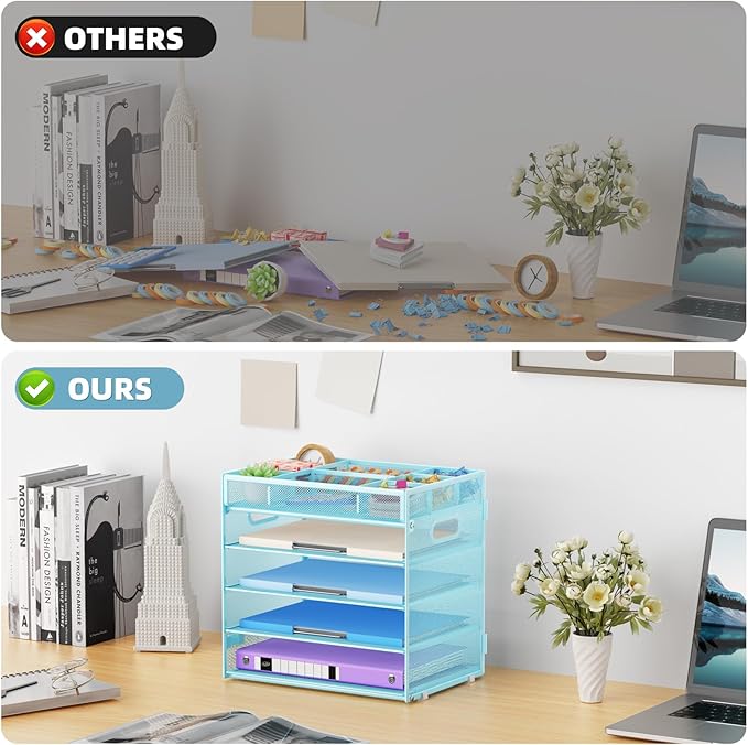 Marbrasse 5-Tier Letter Tray Paper Organizer with Handle, Multi-Functional Mesh File Organizer for Desk, Adjustable Compartments Mesh Desktop Storage for Office Supplies,Blue-DeskLoop Office