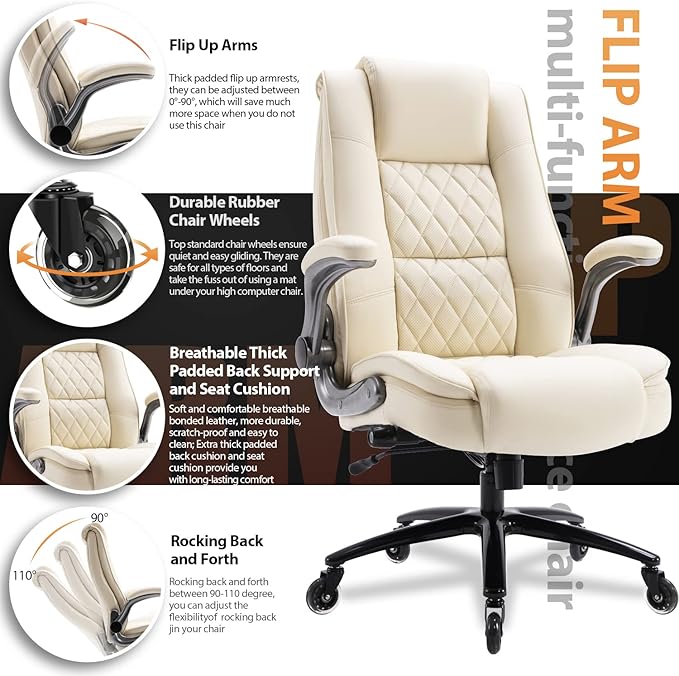 EZAKI High Back Office Chair-Flip-up Arms Executive Computer Desk Chair, Built-in Lumbar Support Thick Padded Adjustable Rock Tension Ergonomic Design for Back Pain (Beige)-DeskLoop Office