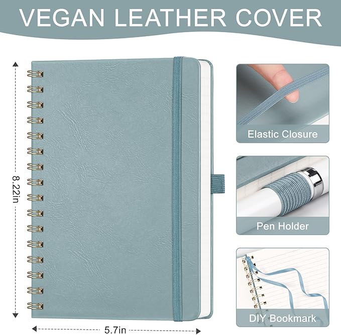 AHGXG Lined Spiral journaling notebooks With Numbered Pages, Hardcover Leather College Ruled Notebook 5.7" x 8.3" A5, light ivory Paper, Notebooks for School Work, Journals for Women,GrayBlue-DeskLoop Office