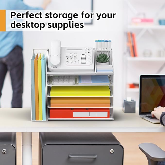 DocNest 5 Tier Paper Letter Tray File Organizer, Mesh Desk File with Handle, Workspace Desk Organizers with Pen Holder, Office Organization Storage Accessories - White-DeskLoop Office