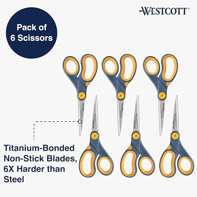 Westcott 17597 8-Inch Non-Stick Titanium Scissors For Office and Home, Blue/Gray, 6 Pack