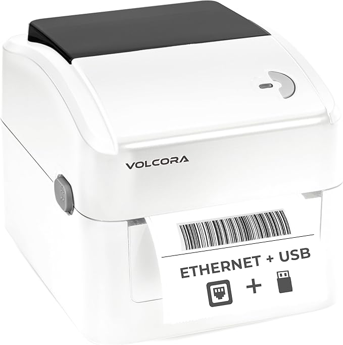Volcora Thermal Label Printer with Ethernet/USB - Desktop 4x6 Shipping Label Printer, Compatible with Windows, Linux, Mac - Ideal for Small Business, Inkless Printer for Shipping Packages (White)-DeskLoop Office
