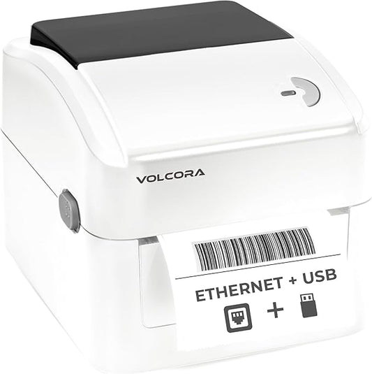 Volcora Thermal Label Printer with Ethernet/USB - Desktop 4x6 Shipping Label Printer, Compatible with Windows, Linux, Mac - Ideal for Small Business, Inkless Printer for Shipping Packages (White)-DeskLoop Office