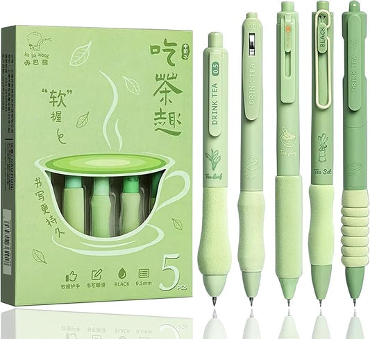 Cute Gel Pens 5Pcs Retractable Quick Dry Ink Pens 0.5mm Fine Point Black Ink Kawaii Smooth Writing Pens for School Office Supplies Aesthetic pretty pens (Green tea)-DeskLoop Office