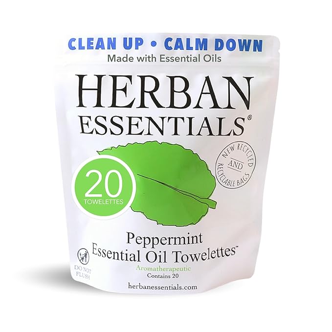 Herban Essentials - Peppermint Wipes & Towelettes - Essential Oil Wipes for Hands & Body - Travel Size Essentials and Toiletries - Natural, Individually Wrapped, Disposable & Moist Refresh (20 count)-DeskLoop Office