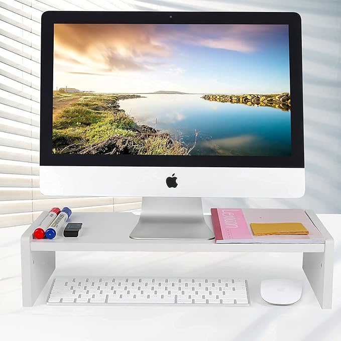 KINLINK Solid Wood Monitor Stand Riser, Monitor Riser with 2 Adjustable Height, 15.8 inch Computer Riser for Computer, iMac, PC, Printer, Computer Monitor Stand for Home & Office, White-DeskLoop Office