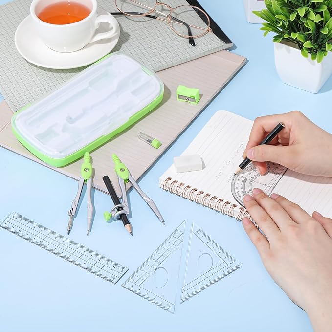 Zonon Math Geometry Set 10 Pcs Student Supplies with Shatterproof Storage Box, Includes Rulers Protractor Compass Pencil Sharpener Lead Refills Eraser Pencil for Drafting and Drawings(Green)-DeskLoop Office