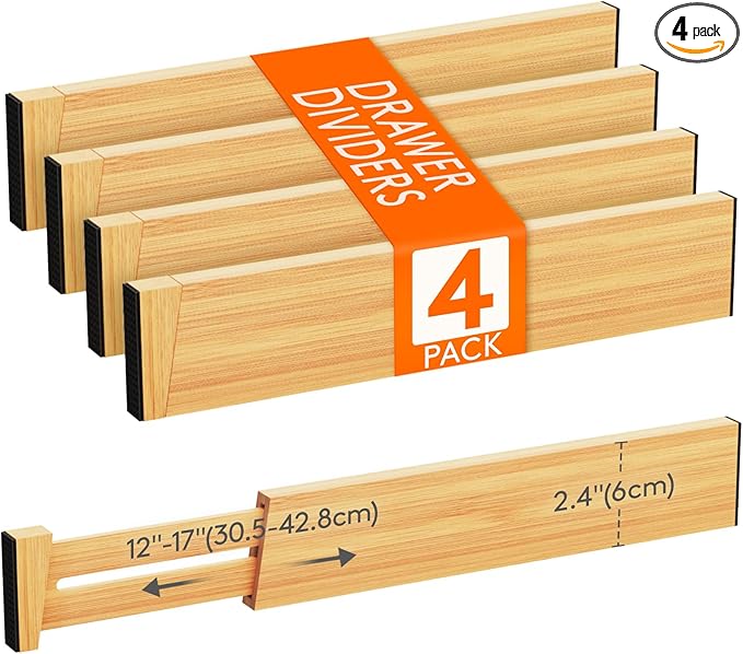 Lifewit 4 Pack Drawer Dividers Bamboo 2.4" High, 12-17" Adjustable Drawer Organizers for Clothes, Wooden Dresser Separators in Bedroom/Bathroom/Kitchen/Fridge/Office Organization and Storage-DeskLoop Office