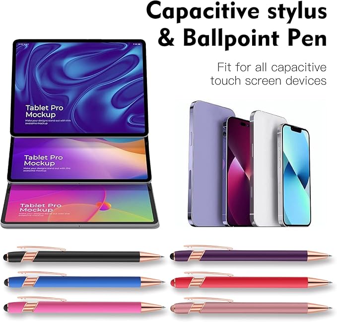 12 PCS 2 in 1 Stylus Ballpoint Pen with Stylus Tip, 1.0 mm Black Ink Metal Pen Stylus Pen for Touch Screens (Rose glod & 6 Colors)-DeskLoop Office