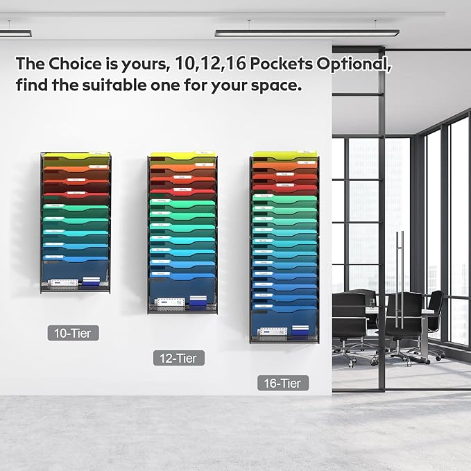 samstar 10 Tier Wall File Organizer, Hanging Wall Mount File Holder Paper Folder Mail Organizer, Mesh Metal, Black.-DeskLoop Office
