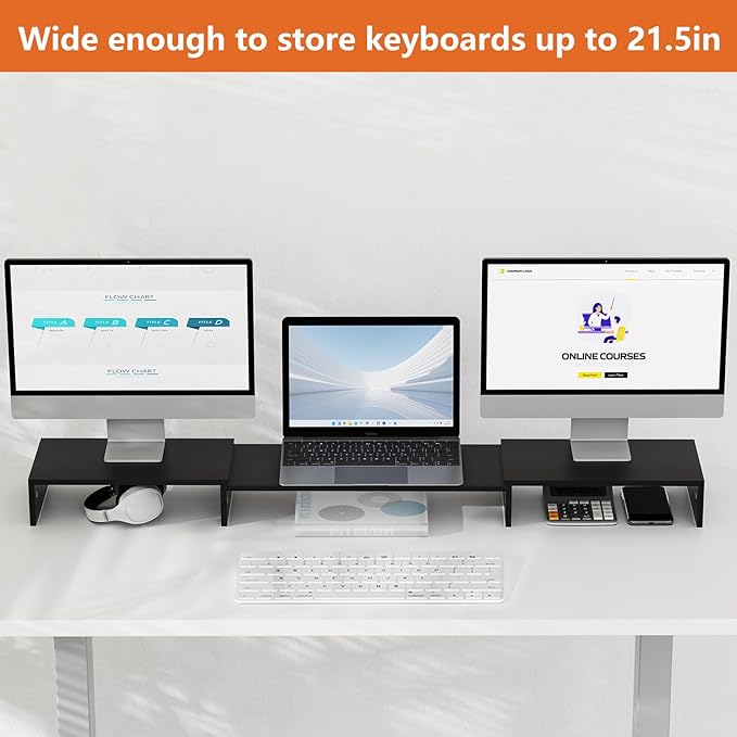 Triple Monitor Stand Riser, Extra Long Monitor Riser for 1~2~3 Monitors, Dual Monitor Stand with Length and Angle Adjustable, 3 Shelf Monitor Stand for Desk-DeskLoop Office