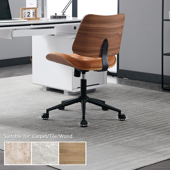 Armless Home Office Chair with Wheels, PU Leather Adjustable Height Computer Desk Chair, 360 Swivel Small No Arms Chair, Modern Button Walnut Style for Office, Reading Meeting Room(Brown)-DeskLoop Office