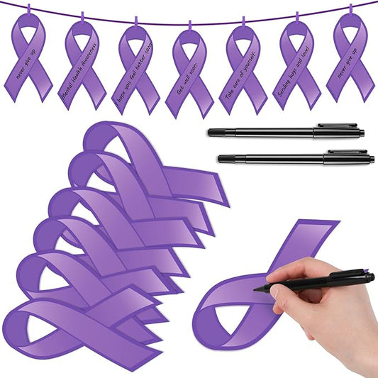 Kosiz 100 Pack Large Purple Ribbon Set 100 Alzheimer's Awareness Cutouts 2 Marker Pens 100 Wooden Clips with Rope Domestic Violence Awareness Items for Purple Recovery Month Charity Supplies-DeskLoop Office