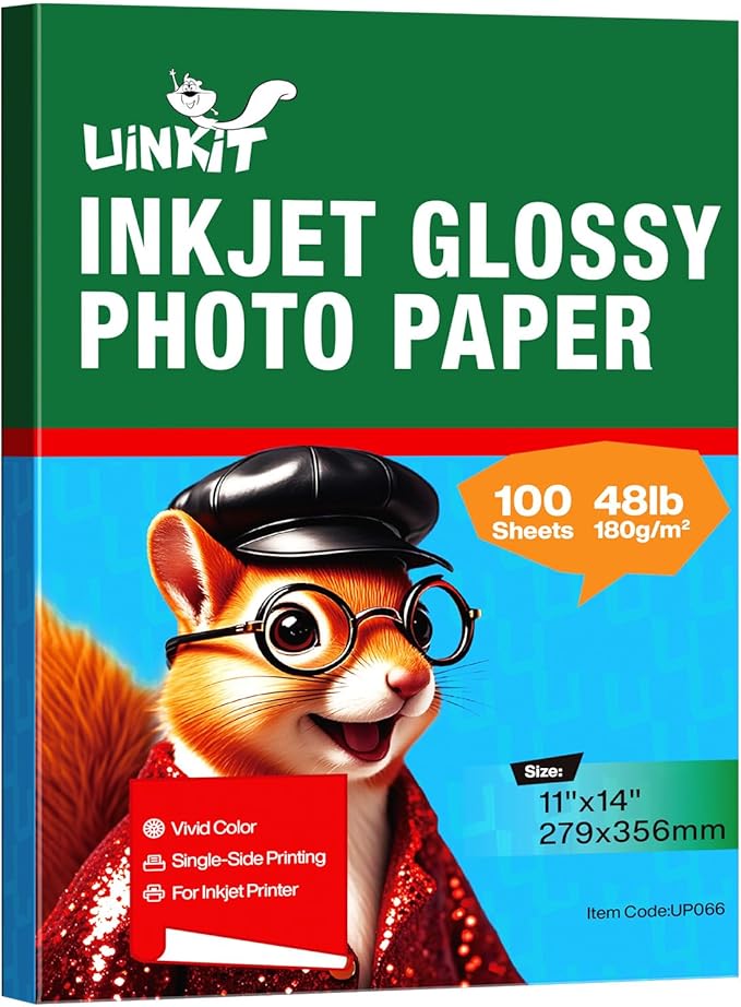 Uinkit 180gsm Glossy Photo Paper 11x14 Inches - 100 Sheets for Dye Ink | Quick Dry, No Smudging | Single-Sided Pro Finish, Thick 48lb No Curling-DeskLoop Office
