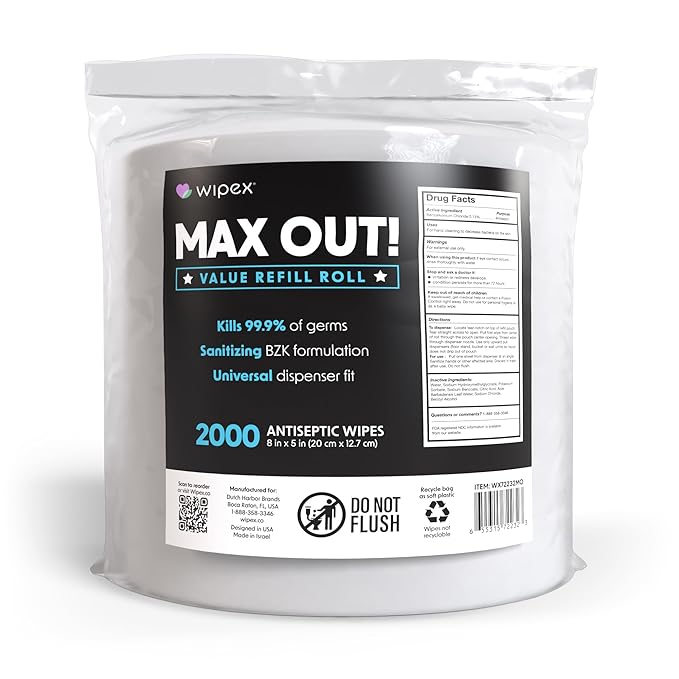 Wipex Max Out Sanitizing Wipes for Gyms - 2000 Wipes Economy Size Refill Rolls for Dispensers, 5"x8" - Ideal for High Volume Commercial Wellness Centers, Schools, Public Facilities & Studios-DeskLoop Office