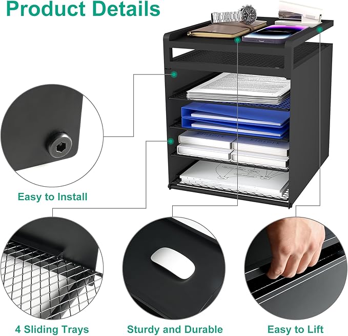 Aothia Desk Organizer with 4 Sliding Trays – Metal File Organizer for Desktop, Hanging Under Desk Organizer and Paper Tray Shelf, Space-Saving Office Document Sorter, Black-DeskLoop Office