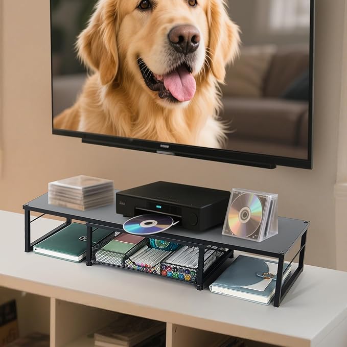 Dual Monitor Stand Riser, Desk Organizer with Drawer, Office Desk Organizers and Accessories, Office Workspace Organization, Computer Monitor Stand for Laptop, Printer (Black)-DeskLoop Office