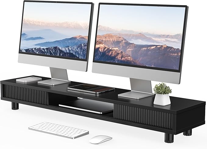 Fenge Dual Monitor Stand, 42.5inch Long Monitor Stands Riser for 2 Monitors, Sliding Door with Storage Organizer Stand for Desk, 2 Tier Desk Shelf for Laptop, Pc, Printer, Computer, TV-DeskLoop Office