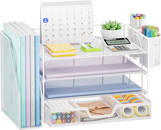 Marbrasse Desk Organizer and Accessories,4-Tier Paper Letter Tray Organizer with File Holder, Desk Accessories & Workspace Desk Organizers with Drawer and 2 Pen Holder (White, 15.4" x 9.1" x 8.3")-DeskLoop Office