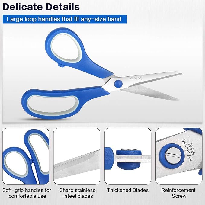 Scissors, VERONES 8 Inch Soft Comfort-Grip Handles & Stainless Steel Sharp Blades Perfect for Cutting Paper, Fabric Photos, & More, 15-Pack-DeskLoop Office